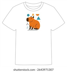 A white T-shirt featuring a stylized orange capybara design with geometric shapes like circles, triangles, and rectangles in vibrant colors.