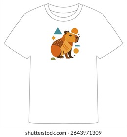 A white T-shirt featuring a stylized orange capybara design with geometric shapes like circles, triangles, and rectangles in vibrant colors.