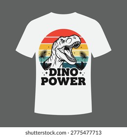A white t-shirt featuring a vintage-style dinosaur illustration against a sunset backdrop with the text 'Dino Power'.