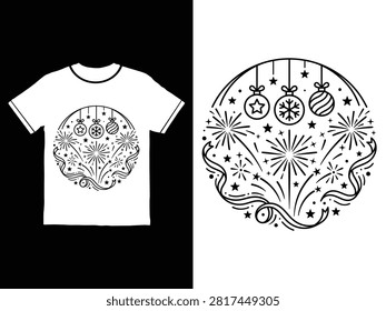 White tshirt with festive graphic design featuring fireworks stars and holiday ornaments