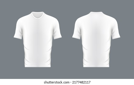 White t-shirt in front and back. Mockup of tshirt. White mockup of t-shirt for polo. 3d tshirt with short sleeve. Blank design template. Realistic mock up for sport, uniform and promotion. Vector.