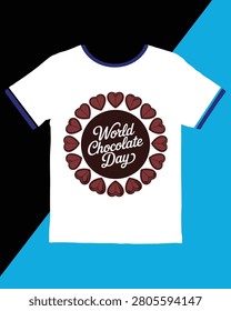 White tshirt with a graphic design celebrating World Chocolate Day with chocolate hearts arranged in a circle