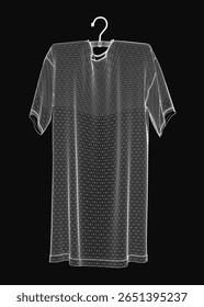 Camiseta Branca pendura em um cabide de madeira contra um fundo preto plano, mostrando minimalismo limpo. O tecido parece estaladiço e bem dobrado, enfatizando a simplicidade.
