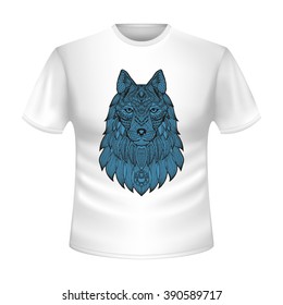 White t-shirt with the head of a wolf, dog, huskies, the coyote in zentangle style. On a t-shirt the silhouette of wild animal blue color is led round by a black contour. Realistic image of a t-shirt.