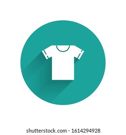 White T-shirt icon isolated with long shadow. Green circle button. Vector Illustration