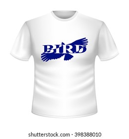 White t-shirt with the image of the flying blue eagle, falcon, hawk. Abstract graphic eagle, falcon, hawk. Blue white inscription "Bird" merges with the image of an eagle, falcon, hawk. Logo. Vector.