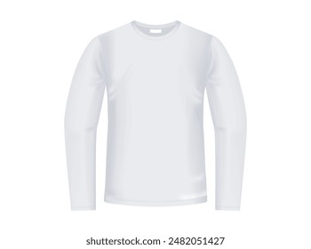 White t-shirt with long sleeve. Vector realistic Mockup. Casual wear sweatshirt for men. Blank template isolated on white background. Fashion design. Front view. EPS10.