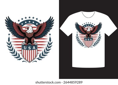 A white t-shirt mockup displays a powerful eagle design, representing USA pride. The patriotic symbol is centered, featuring the American flag colors and stars, ideal for apparel.
