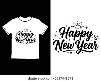 White tshirt mockup featuring Happy New Year text surrounded by fireworks stars design