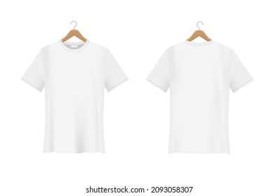 Camiseta blanca en una percha de madera. Plantilla realista vectorial. Vista frontal y posterior. Colección Unisex. Diseño de moda en blanco. EPS10.