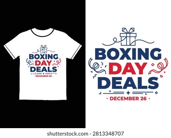 White tshirt mockup showing Boxing Day deals text with gift box graphic