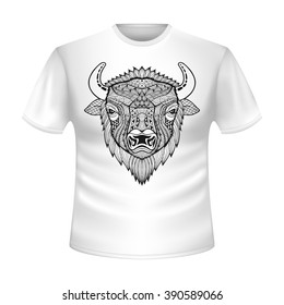 White t-shirt with the monochrome head of a bison, bull, buffalo, yak. The volume fitting t-shirt with a short sleeve. On a white t-shirt a white-black silhouette of a wild animal. Realistic image.