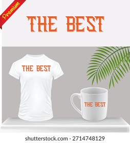 Camiseta blanca y maqueta de taza con tipografía de texto en negrita y hoja verde. Arreglo ordenado de la Mercancía en la superficie rayada. Vector minimalista de la exhibición del Producto aislado en fondo transparente.