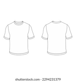 White T-shirt O Neck vector template, front and back view mockup, isolated on white background, editable stroke.