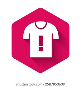 White T-shirt protest icon isolated with long shadow. Pink hexagon button. Vector