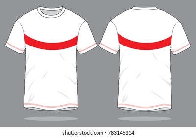 White T-Shirt with Red Curve Line and Red Stitching Design on Gray Background. Front and Back View, Vector File.