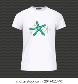 White T-shirt with sea starfishes. Vector Illustration