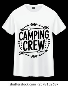 A white t-shirt showcasing a graphic design of the words "Camping Crew" surrounded by stylized arrows and decorative elements.