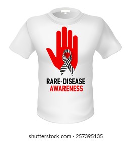 White t-shirt with sign rare-disease awareness. Red hand with black and white ribbon