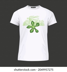 White T-shirt with starfishes and corals. Vector Illustration