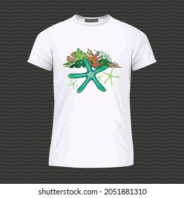 White T-shirt with starfishes and corals. Vector Illustration