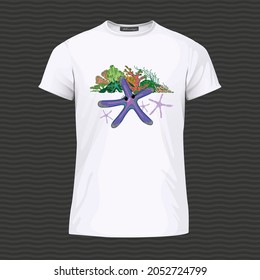 White T-shirt with starfishes and corals. Vector Illustration