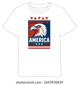 A white T-shirt with a striking Independence Day design featuring an eagle with spread wings, red and blue sunburst background, and "Independence Day USA" text in bold colors.