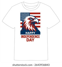 A white T-shirt with a striking Independence Day design featuring an eagle with spread wings, red and blue sunburst background, and "Independence Day USA" text in bold colors.
