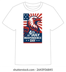 A white T-shirt with a striking Independence Day design featuring an eagle with spread wings, red and blue sunburst background, and "Independence Day USA" text in bold colors.