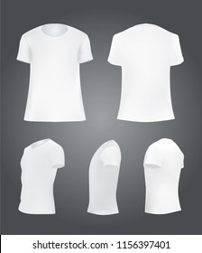 White T-shirt template set, blank shirt front, side, perspective, rear views, different angles, vector eps10 illustration