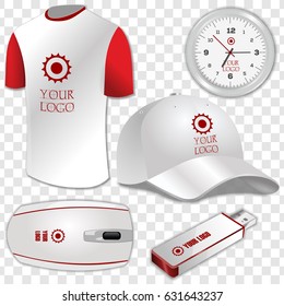 White T-shirt, USB flash drive, Computer mouse, Baseball Cap and classic round wall Clock with place for your logotype, text or corporate identity details . Blank mock up with shadow isolated on 