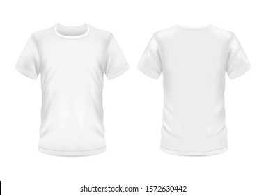 White T-shirt, Vector 3d Blank Realistic Model Mockup. Man And Woman Sportswear Or Casual T Shirt With Round Neck And Short Sleeves, Front And Rear View For Branding Template