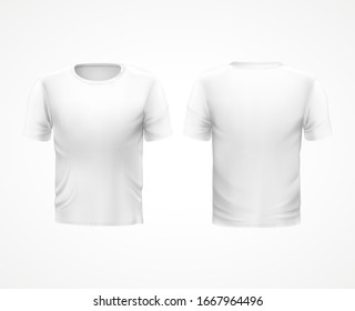 White t-shirt, vector mockup model templates. T-shirt with short sleeves and round neck, men and women sportswear or casual apparel blank model for branding design