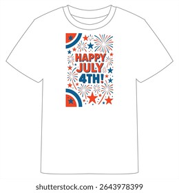 A white T-shirt with a vibrant 4th of July design, featuring "Happy 4th July!" text, stars, fireworks, and red, white, and blue accents for a patriotic look.