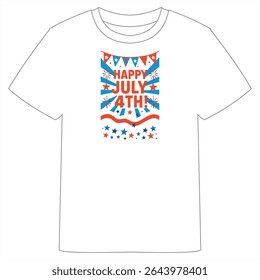 A white T-shirt with a vibrant 4th of July design, featuring "Happy 4th July!" text, stars, fireworks, and red, white, and blue accents for a patriotic look.