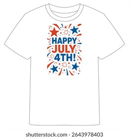 A white T-shirt with a vibrant 4th of July design, featuring "Happy 4th July!" text, stars, fireworks, and red, white, and blue accents for a patriotic look.