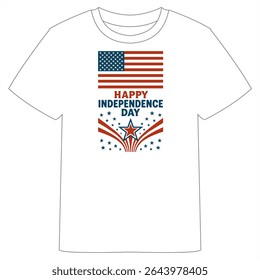 A white T-shirt with a vibrant 4th of July design, featuring "Happy 4th July!" text, stars, fireworks, and red, white, and blue accents for a patriotic look.