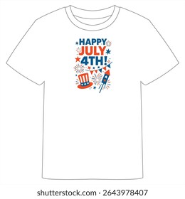 A white T-shirt with a vibrant 4th of July design, featuring "Happy 4th July!" text, stars, fireworks, and red, white, and blue accents for a patriotic look.