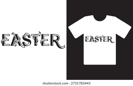 A white t-shirt with the word 'EASTER' printed on it, shown against a black and white background.