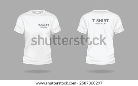 White t-shirts with copy space realistic vector illustration set. Casual apparel with print mockup template 3d objects on grey background