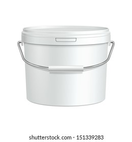 White Tub Paint Plastic Bucket Container With Metal Handle. Plaster, Putty, Toner. Ready For Your Design. Product Packing Vector EPS10 