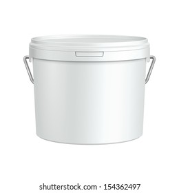 White Tub Paint Plastic Bucket Container With Metal Handle. Plaster, Putty, Toner. Ready For Your Design. Product Packing Vector EPS10 