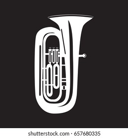 White tuba isolated on black background, vector illustration. Wind brass musical instrument in flat style.