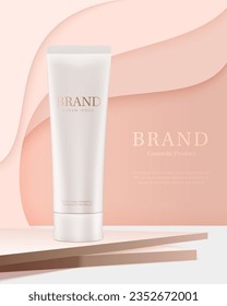 White tube of cosmetic product. Spa or skin care product ads on multi layered wavy background. Vector illustration.