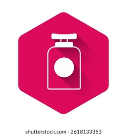 White Tube of hand cream icon isolated with long shadow background. Pink hexagon button. Vector