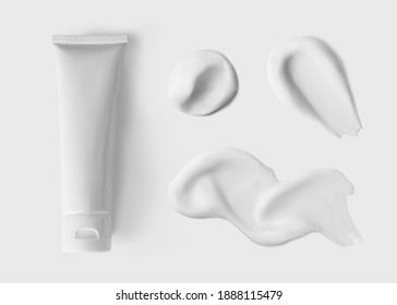 White tube moisturizer cream mockup and smear isolated vector realistic illustration, above. Blank pack of cosmetic product