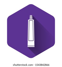 White Tube of toothpaste icon isolated with long shadow. Purple hexagon button. Vector Illustration