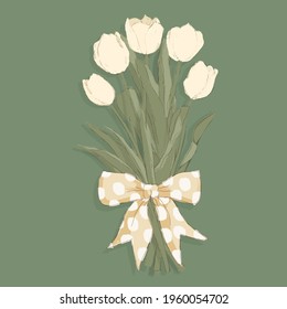 White tulip bouquet with polka dot bow ribbon, vector illustration , hand drawn style, for cards, invitations, digital collage, design element and more