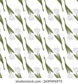 White Tulip Seamless Pattern Background. Elegant white tulips with green stems in diagonal layout, flat style, soft colors, isolated on white background.