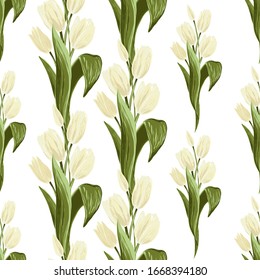 White tulips bouquet seamless pattern. Floral background print with blossom vector flowers. Simple digital watercolor drawing. Repeatable abstract illustration. Vintage graphic design.